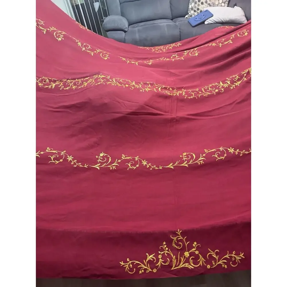 Vintage Linen Embroidered Bedspread 105x172 Red Gold Floral Handmade